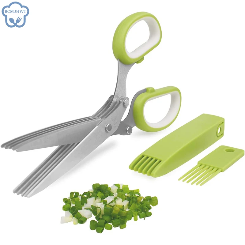 Multifunctional 5 Layers Stainless Steel Knives Kitchen Scissors Scallion Cutter Herb Laver Spices Cook Cut Shredders & Slicers