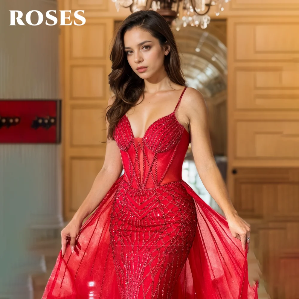 ROSES Red Gorgeous Prom Dress Sweetheart Backless Hollow Prom Gown with Fishbone Shiny Sequins Mermaid Evening Dress Customized