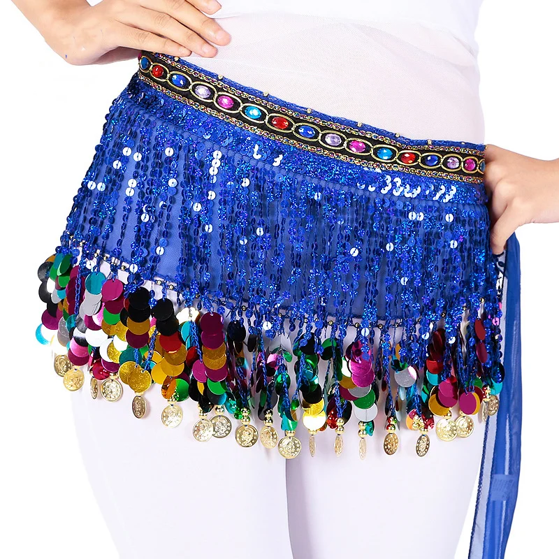 Sequins Coins Belly Dance Hip Scarf for Women Bellydance Lesson Wear Belt Skirt Chain Carnival Rave Outfit Halloween Costume