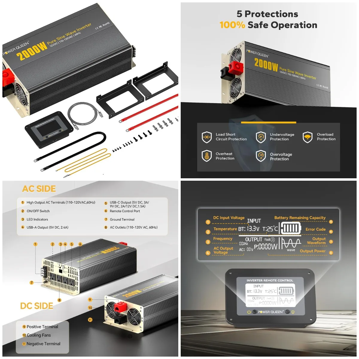 

2000W Pure Sine Wave Inverter 12V to 120V AC, LCD Display, 2 AC Outlets for Solar, RV, Home
