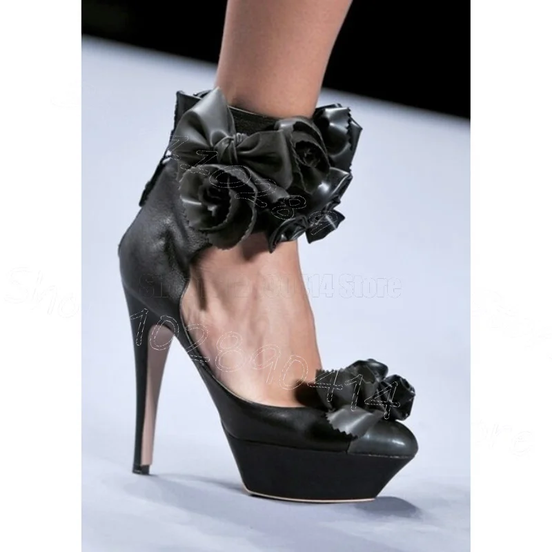 

Black Appliques Pointed Toe Platform Pumps Back Zipper Women Shoes Thin High Heels Party Runway Dating 2025 Zapatos Para Mujere