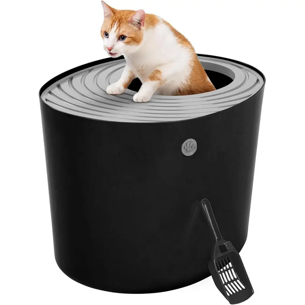 

Large Top Entry Litter Box with Litter Catching Lid and Scoop, Cat Box Enclosure, Black/Gray