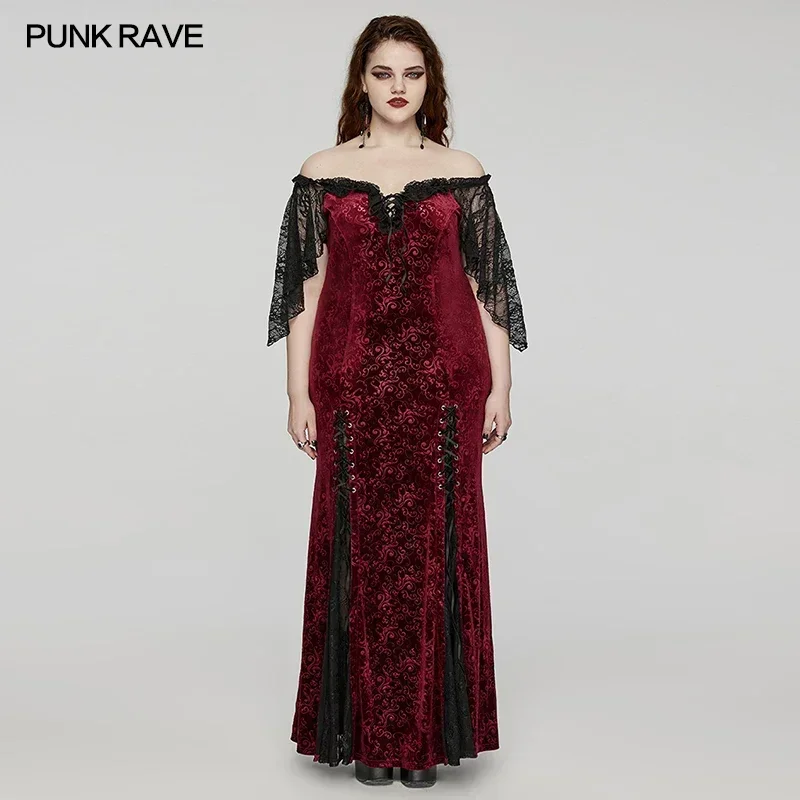 PUNK RAVE Gothic Sexy Off-shoulder Elastic Embossed Velvet Lace Dress Plum Blossom Eyelets Decoration Beauty Party Long Dresses