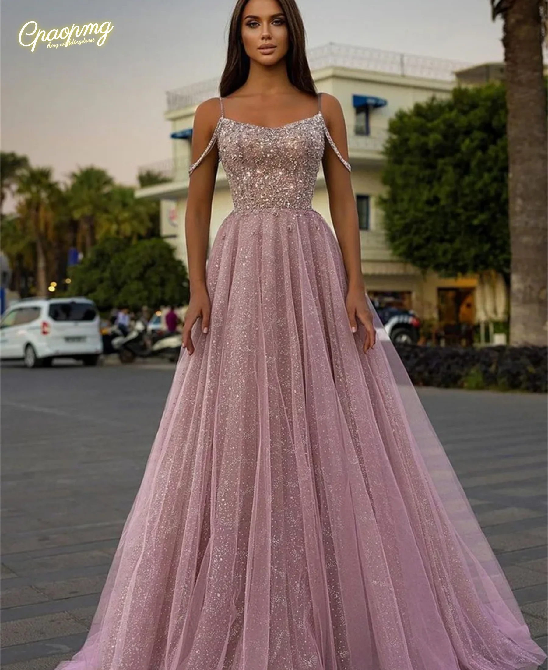 

Customized Pink Spagetti Strap Beaded Glitter Prom Dress Shiny A-line Tulle vestidos de noiva Sleeveless Formal Evening