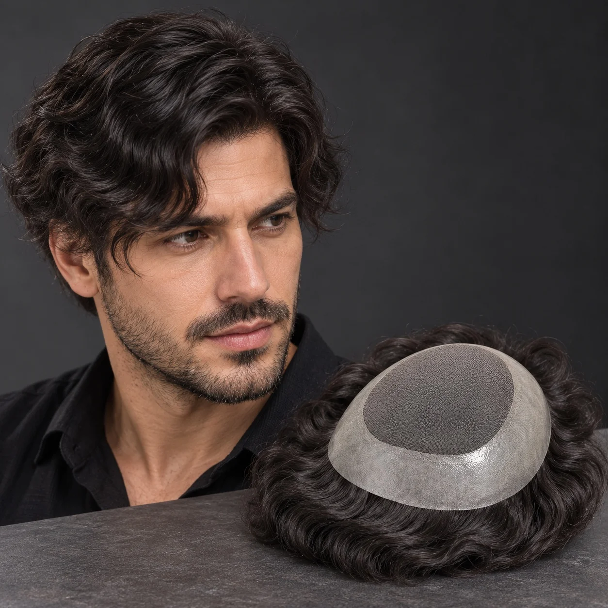 Men's European Human Hair Toupee 1B Density 130% 6x9 7x9 8x10 10x8 French Lace & PU 6 Inch Loose Waves Hairpiece