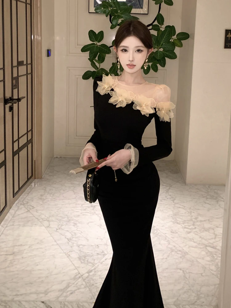 レトロな3D花柄ブラックロングスリーブドレス、セクシーなシースルーメッシュスプライス、スリムフィットボディコン、マーメイドヘムドレス、パーティー、プロム、ベスティド、ローブ、ガウン