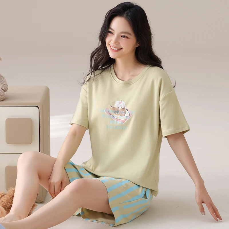 

Summer Pajamas Set Women100% Cotton Sleepwear Female Short Top+Short Pants Pyjamas
