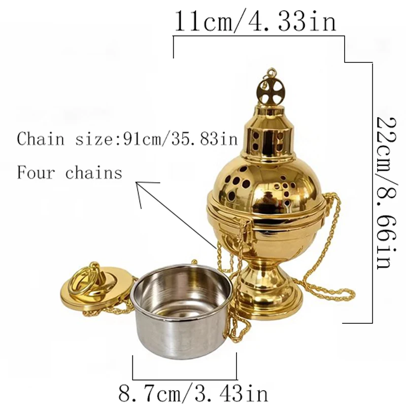

Byzantine Gold Plated Orthodox Hanging Censer with Cross Top and Stainless Steel Bowl for Church Liturgy Incense Burning Devotio