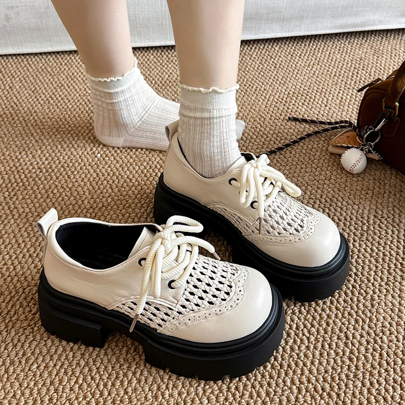 UK Style Hollow out Thick Heel Women's Loafers Breathable Summer Sandals Comfortable round Toe Fashion Single Shoes