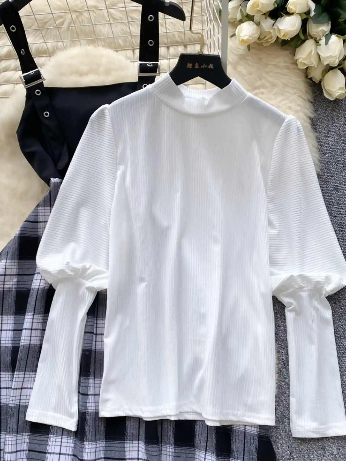 Solid Color Stand Up Collar Lantern Sleeve Top Shoulder Strap Plaid Dress Light Luxury High-end Set Women 2024 Autumn Winter New