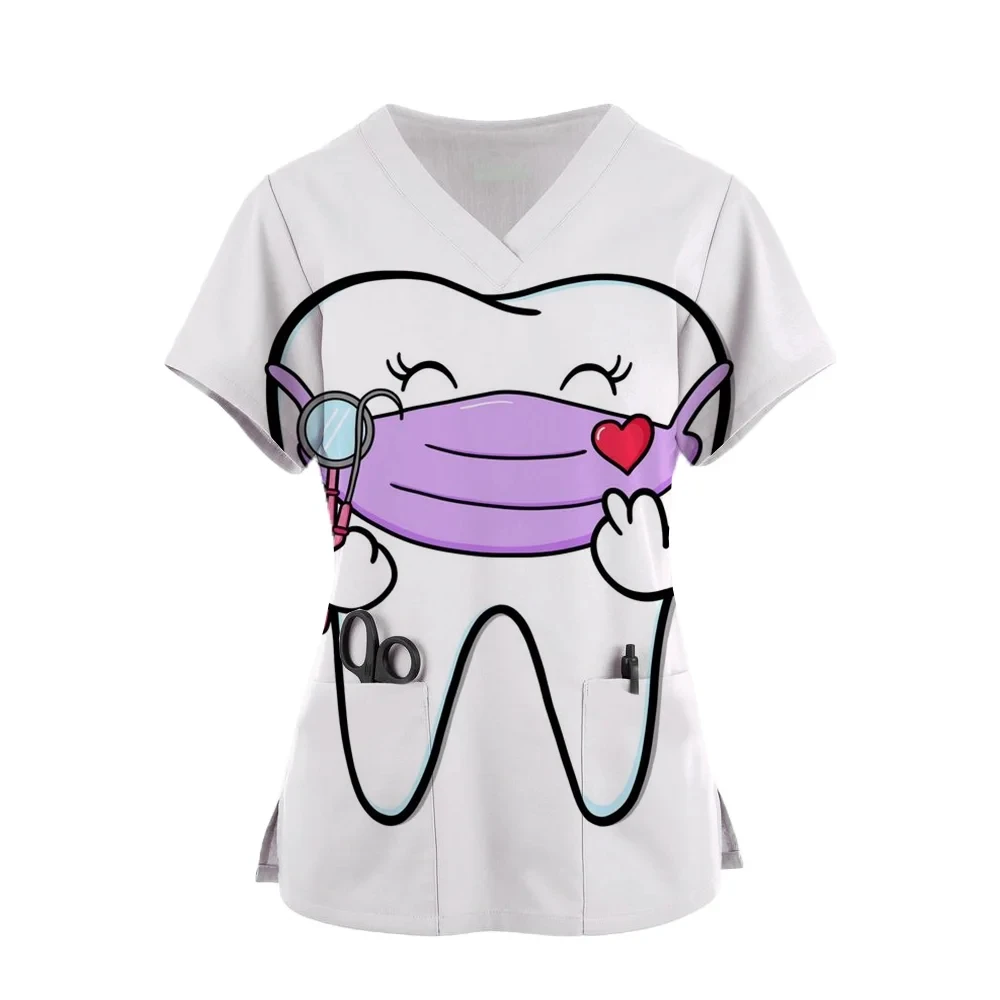 Uniformi chirurgiche Donna Dente Cartoon Stampa Estate Allattamento Scollo a V Manica corta Top Moda Dentale Microelastico Uniforme medica