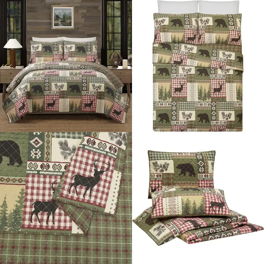 

Cabin-Style 100% Cotton Reversible Patchwork Quilt Set with 2 Pillow Shams, All-Seasons Rustic Coverlet Bedding
