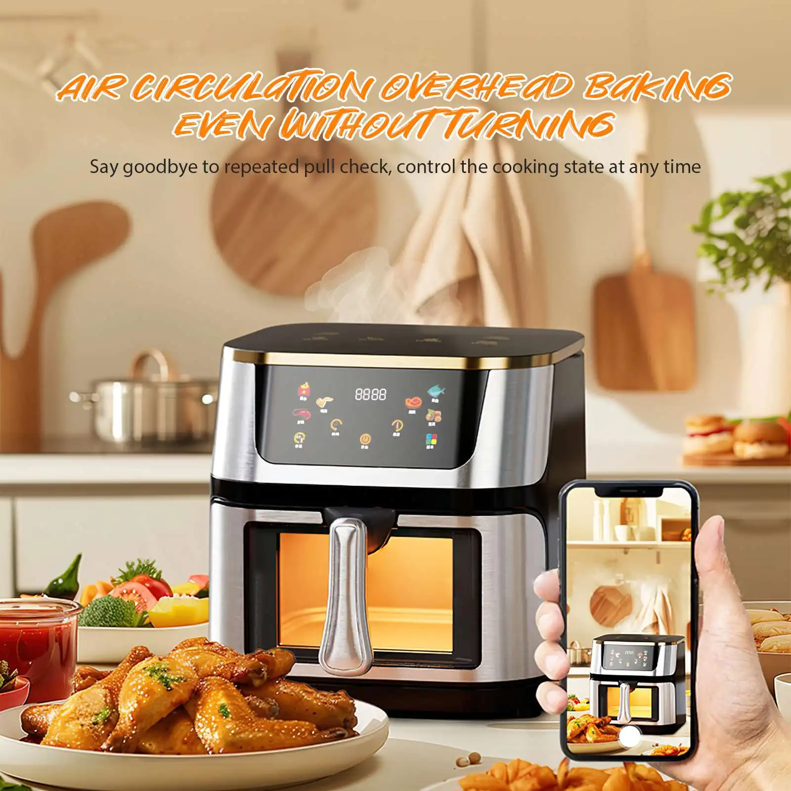 1400W Air Fryer 10L Stainless Steel Visible Large Capacity Electric Oven Touch Screen Multifunctional Electric Fryer