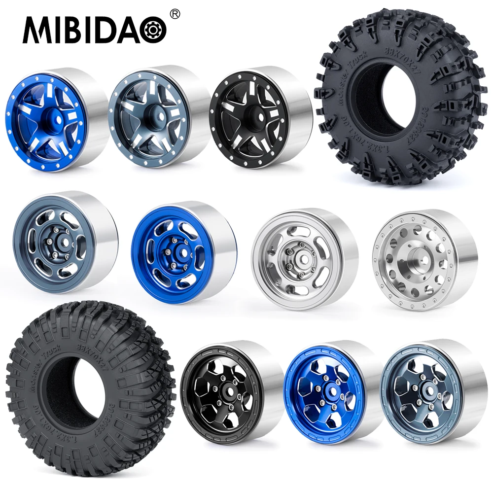 MIBIDAO 4 Uds 1,3 pulgadas aleación de aluminio Beadlock llantas bujes neumáticos de goma para Axial SCX24 1/24 TRX-4M 1/18 coche trepador de control remoto piezas