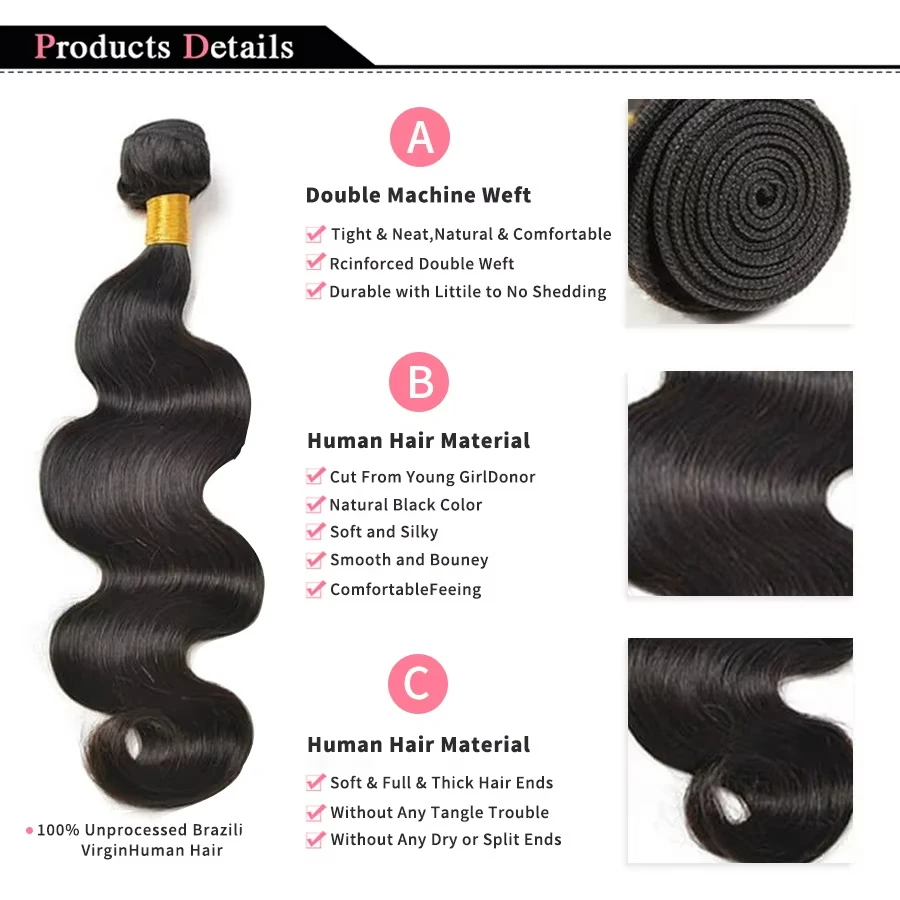 Body Wave มนุษย์ผมบราซิลผมรวมกลุ่ม 100% สีดําธรรมชาติต่อผมมนุษย์ 2 3 4 PCS ชุด