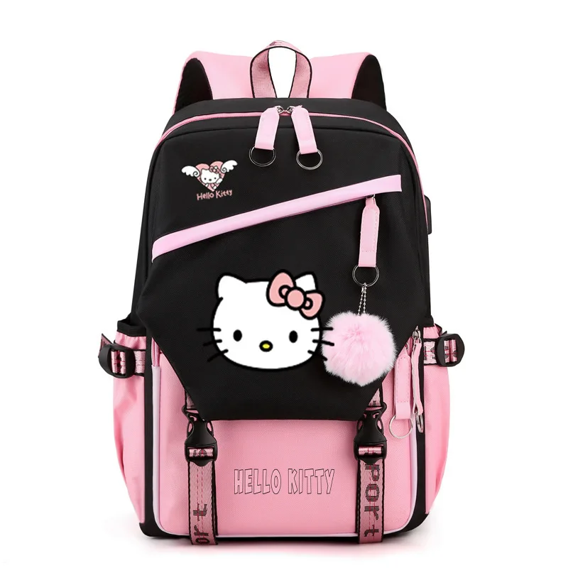 MINISO-Sac à dos Hello Kitty pour femmes et filles, sac à dos étudiant, USB, dessin animé, grande capacité, à la mode et de haute qualité, nouveau