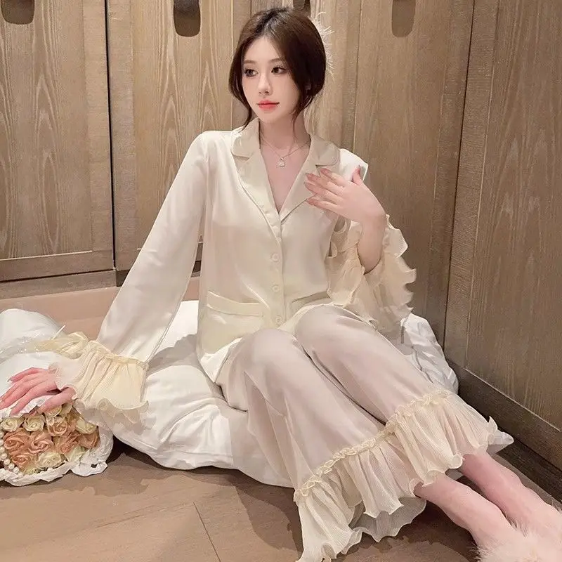 2024 New Sweet Pajama Women's Spring and Autumn Ice Silk Long Sleeves and Pants Can Be Worn Outside The Home Minority House Suit