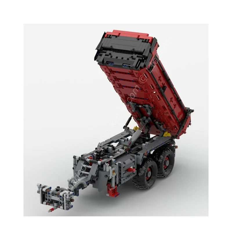 MOC-32737City Construction Site Red Semi-Trailer Small Three-Axle Truck Building Block Model 1618Parts Holiday New Year Toy Gift