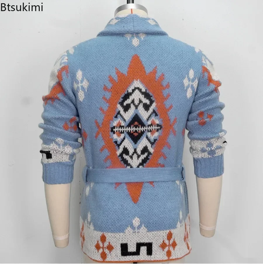 American Retro Heavy Jacquard Knitted Sweater for Men Autumn Winter Fashion Mid-length Cardigan Thicken Casual Sweater Coat Male