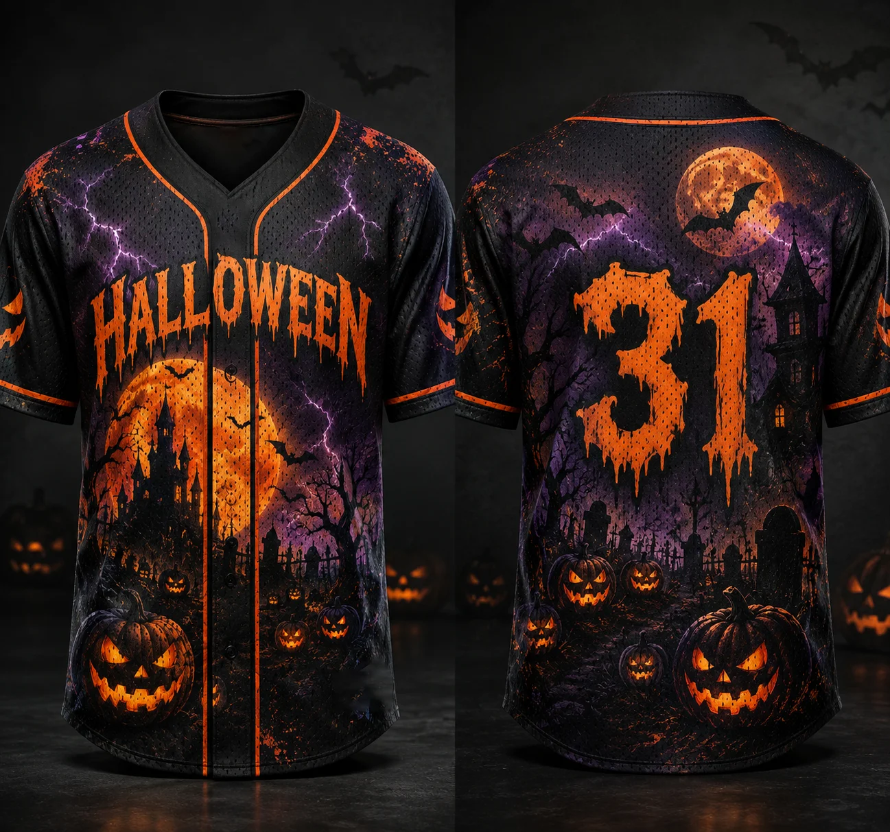 Halloween 31 All Hallows' Night Baseball Jersey,3D Pumpkin Bat Castle Mesh Tee,Family Matching Polyester Party Streetwear Top