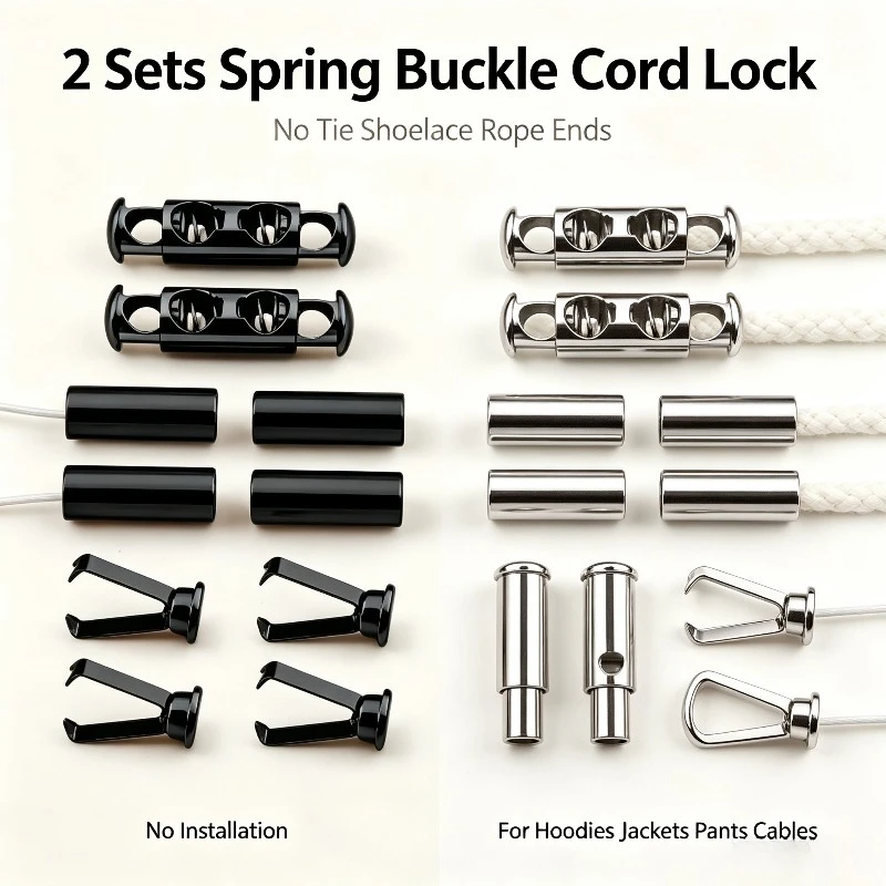 No Install Spring Cord Lock Buckle 2 Sets Rope Ends for Hoodies Pants Jackets Wire Cable Organizer