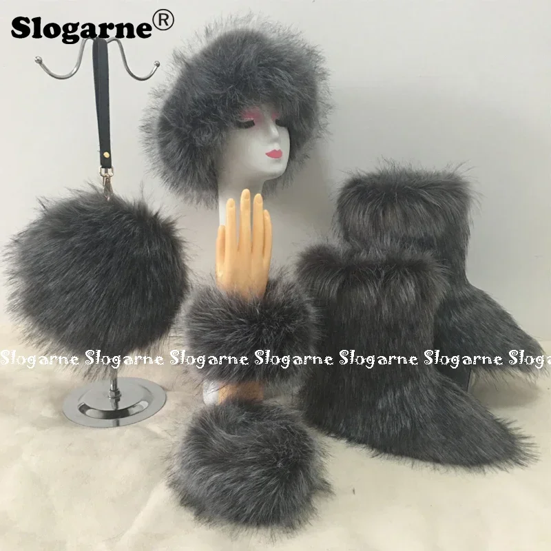 2024 Fashion Fur Sets Women Winter Furry Snow Boots Fur Boots Fur Purse Fur Cap Plush Warm Girl Fluffy Set Hairband Ski Hats Bag