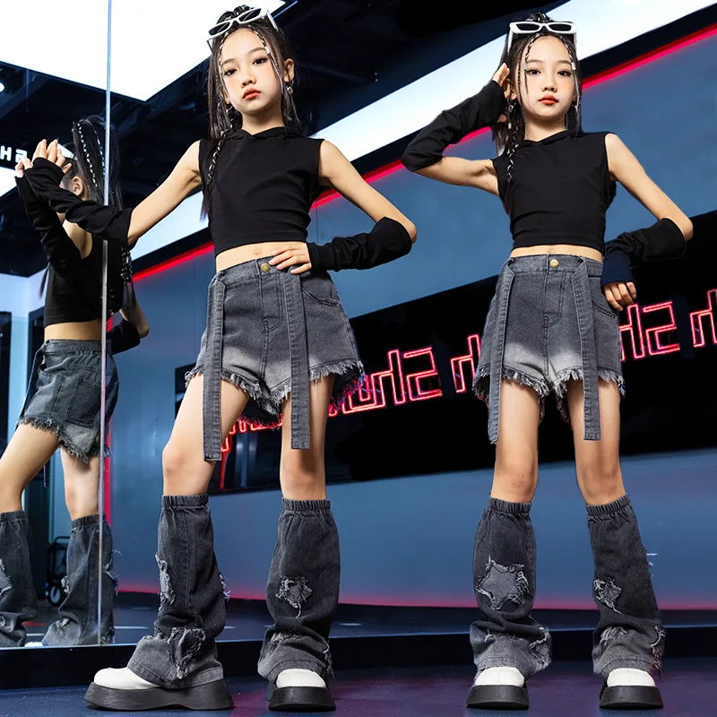 Teen Girls Performance Set Summer 2024 Black Personality Sexy Group Hip-hop Dance Costume 4 To 16 Years School Children Clothing