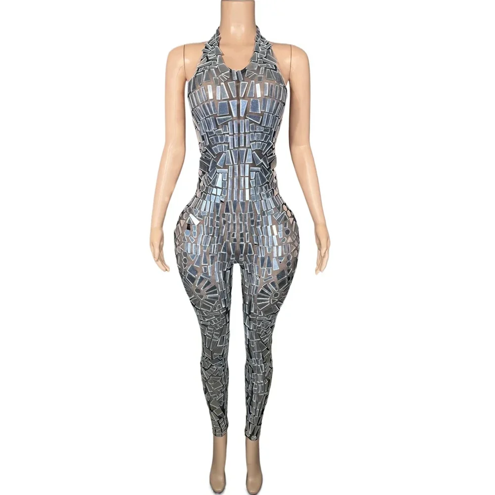 

Shining Mirrors Mesh Transparent Jumpsuit Women Sexy Backless Nightclub Party Birthday Outfit Singer Dancer Performance Costume