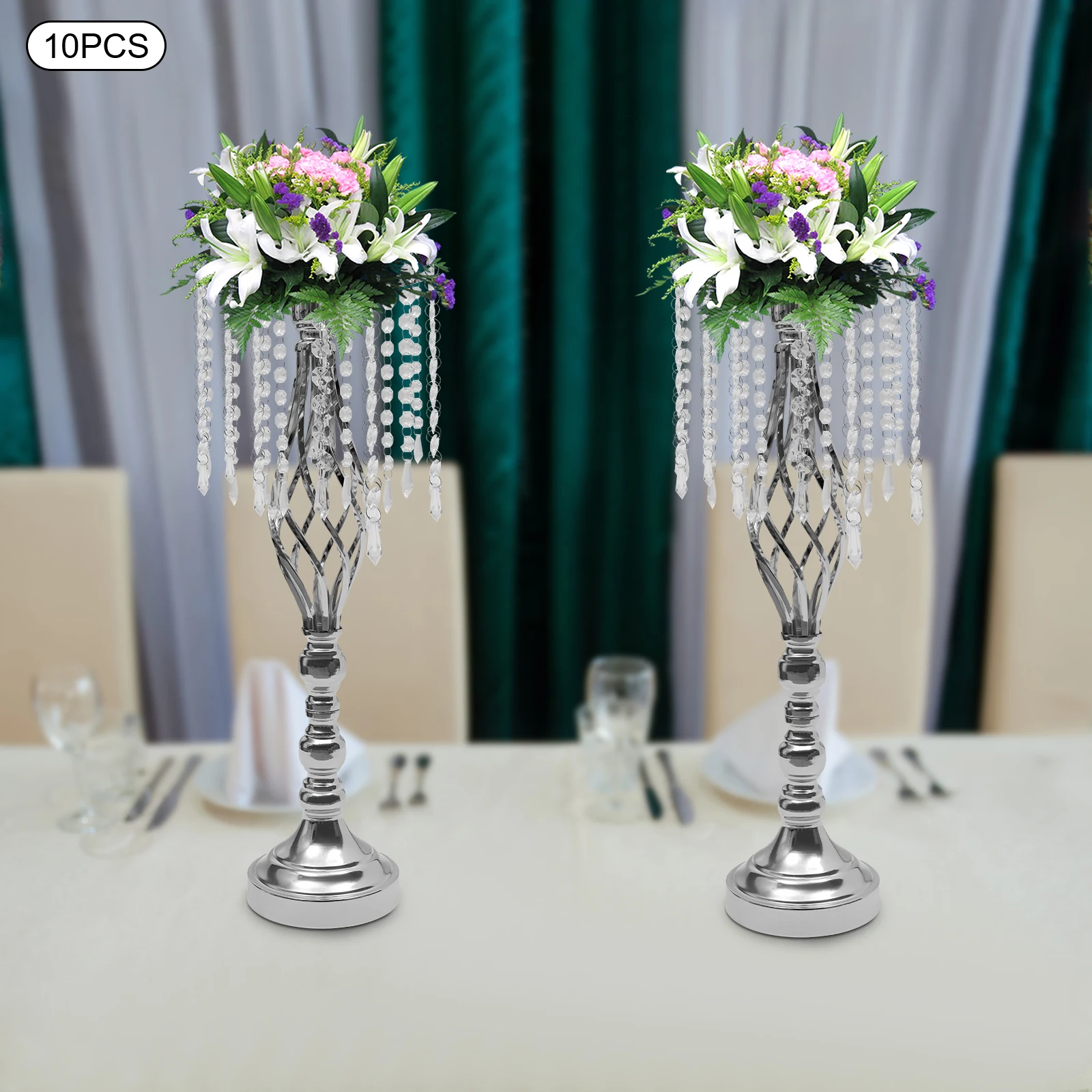 10 piezas de jarrón plateado de 55cm con borlas de cristal, mesa de banquete, Base de flores decorativa, soporte de exhibición de alta carga