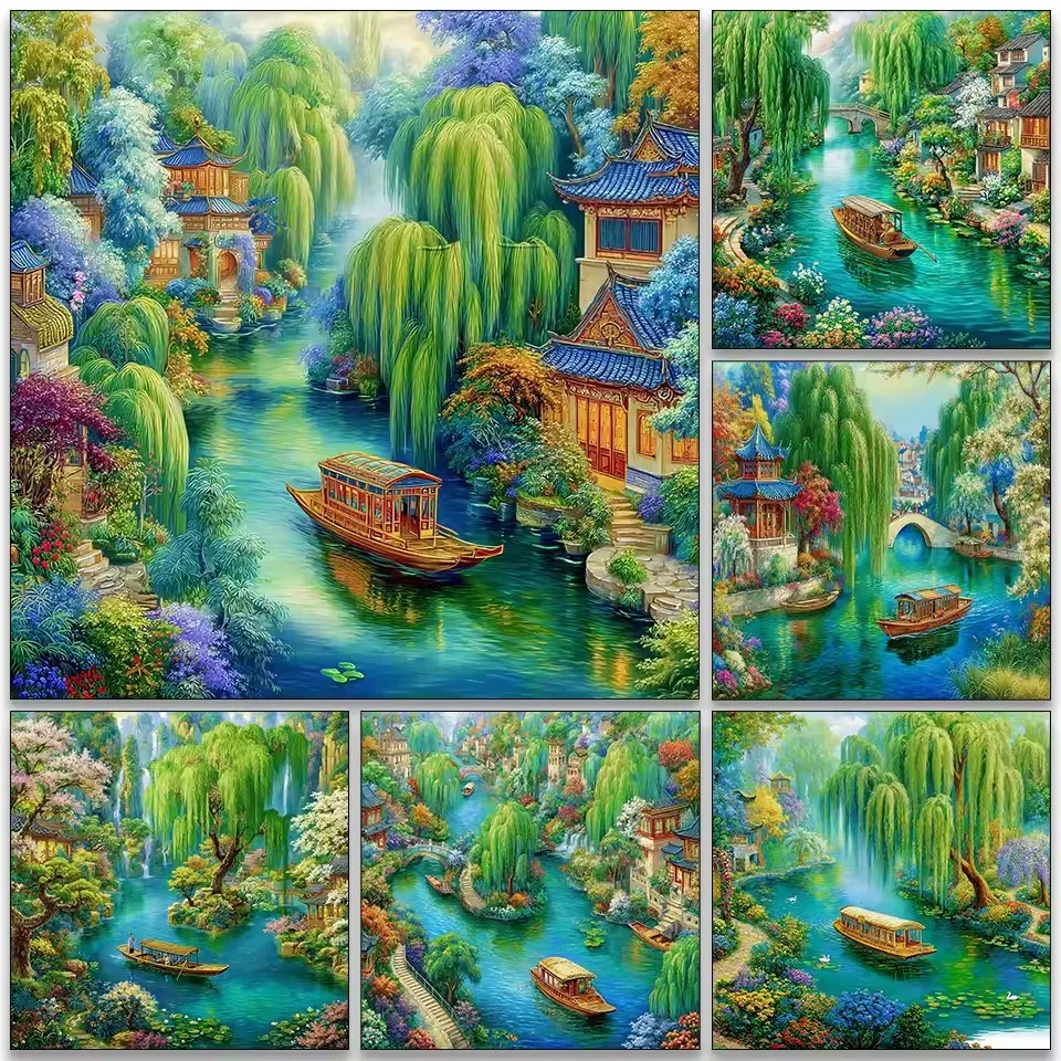 Xiaoqiao Flowing Water Home Pillow Tree Landscape 5D Diy Diamond Art Painting Cross Stitch Kits Diamond Mosaic Embroidery