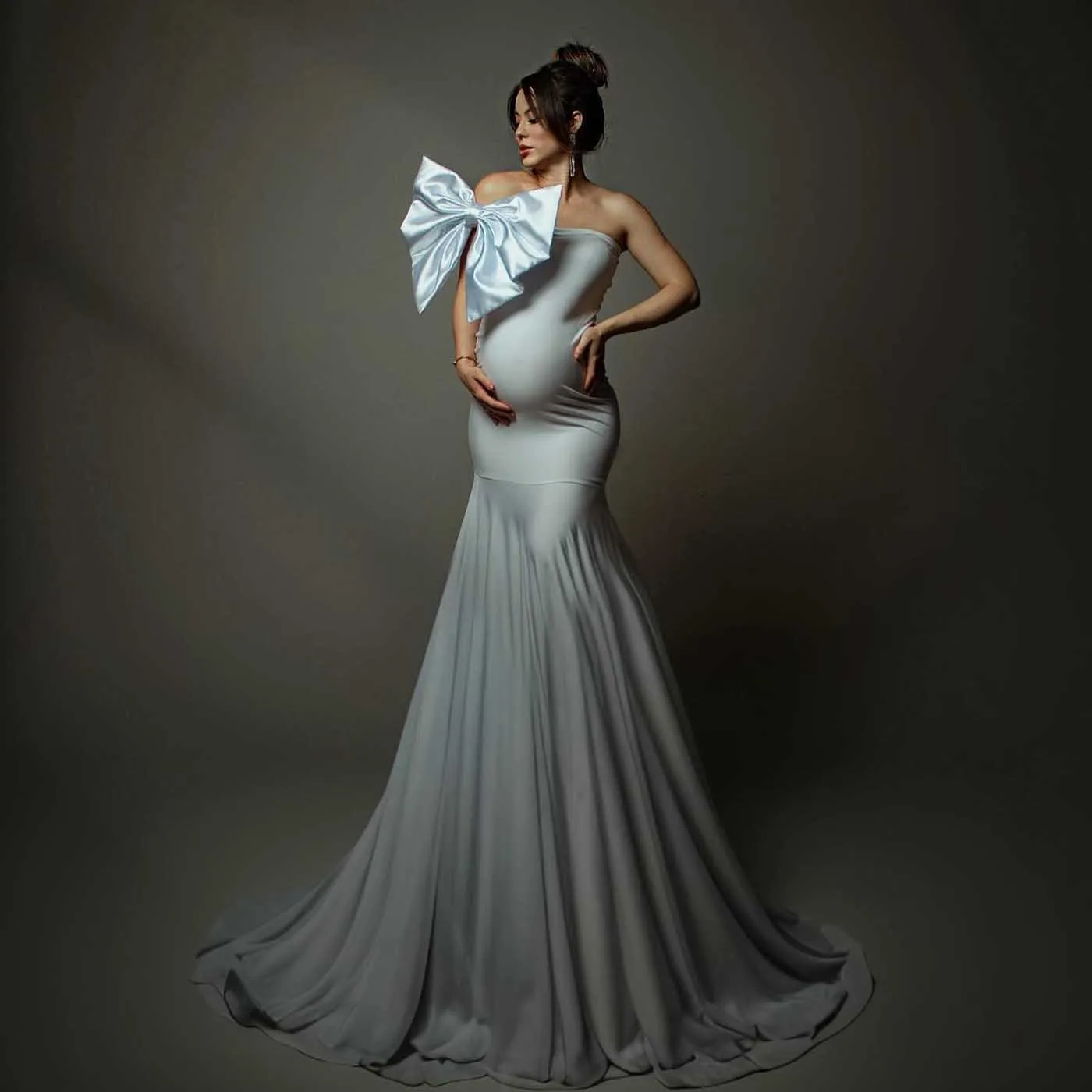 

Скромные платья для беременных с бантом Платье русалки для беременных Фотосессия Платья для беременных Эластичное платье для детского душа