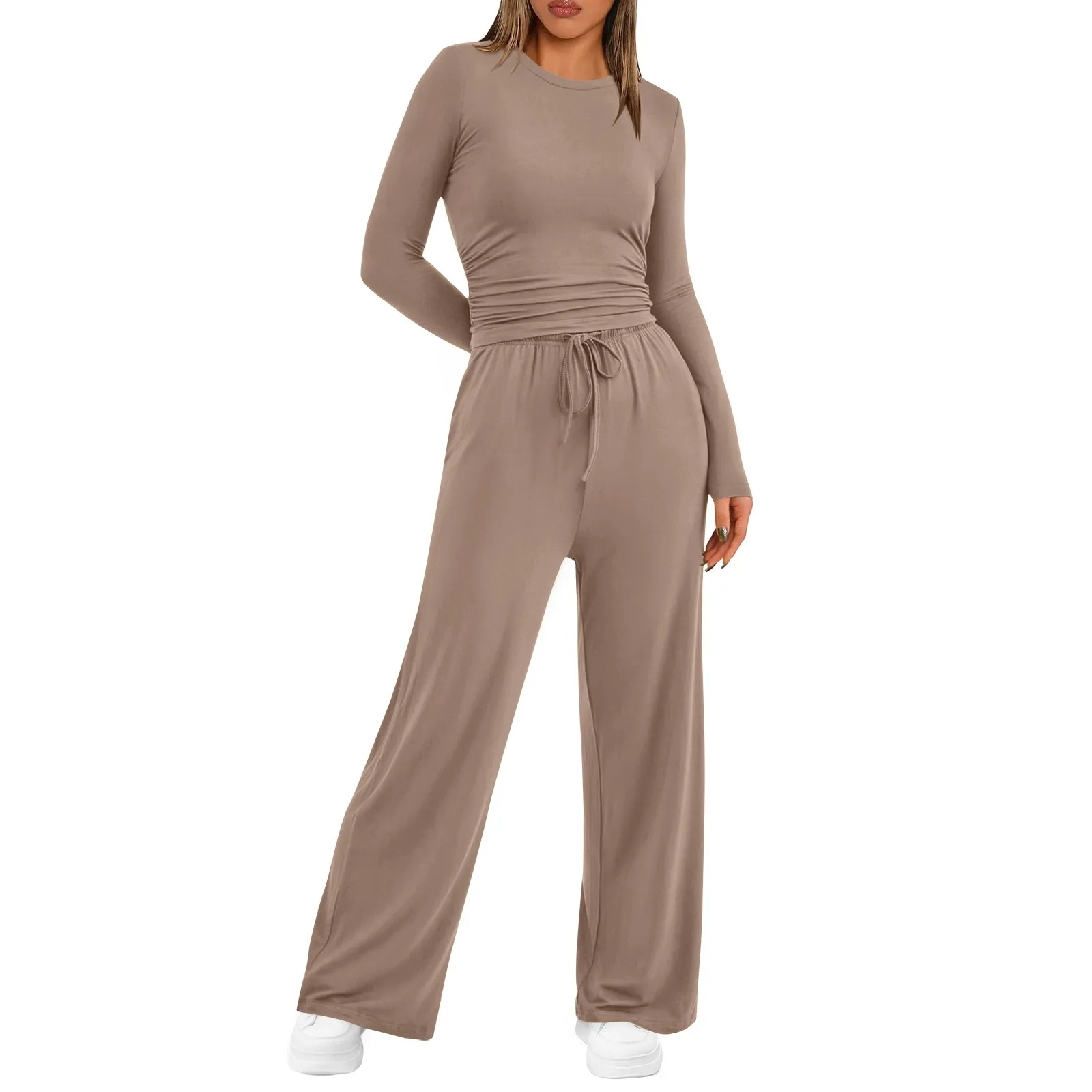 Women All-Match 2 Piece Set Track Suits Long Sleeve Tee Shirts Drawstring Wide Leg Palazzo Pants Sets Fall Casual Wear Outfits