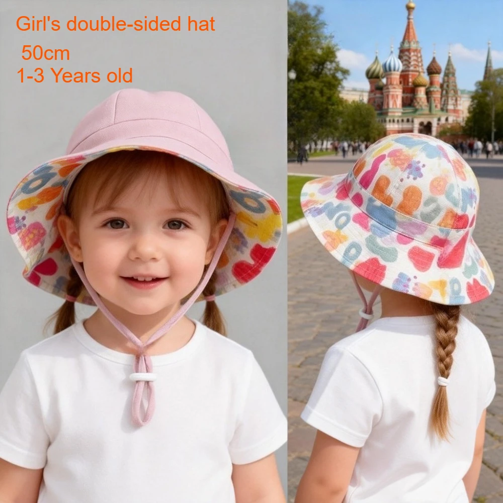 

Детская хлопковая панама для малышей, 50 см, для девочек, летняя/весенняя, милая, с защитой от солнца, с откидным козырьком, двусторонняя