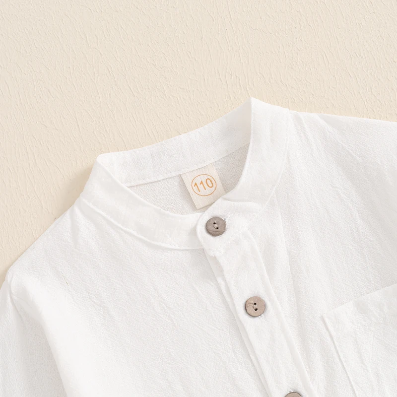 Little Boy Solid Color Shirt Chest Pocket Stand Collar Long Sleeve Front Button-up Fall Gentleman Tops