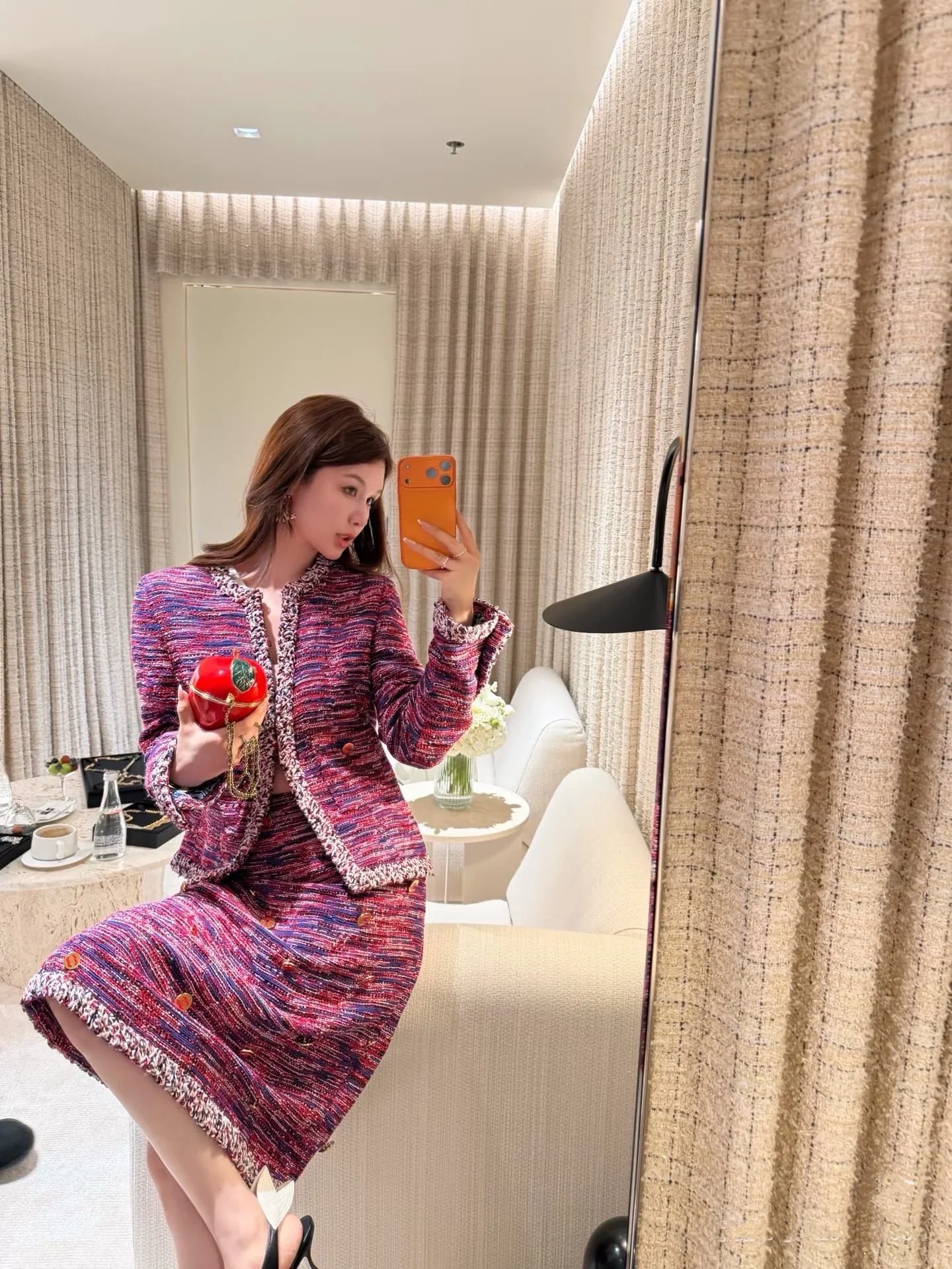 26. New Short-Sleeved Jacket + Skirt Set - Coarse Tweed - Short Jacket + High-Waisted A-Line Short Skirt