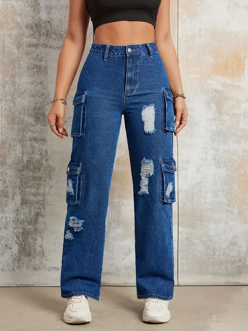 American Retro Punk Style Jeans New Versatile No Waist Pocket Work Style Fashion Denim Wide-leg Pants Female Baggy Jeans Pants