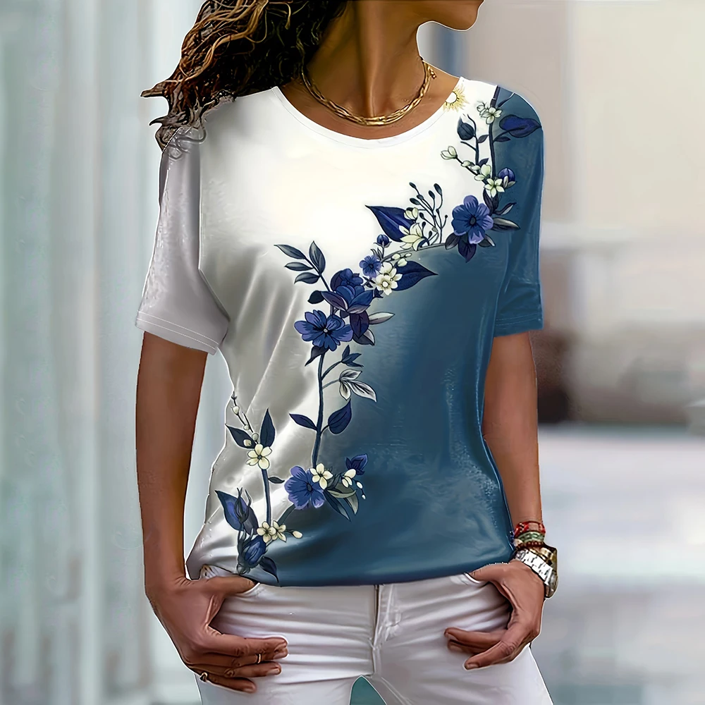 2024 New Women's T-shirts Fashion O-neck Flower Print Casual Daily Female Clothing Tops Summer Trend Loose Short Sleeves Tees