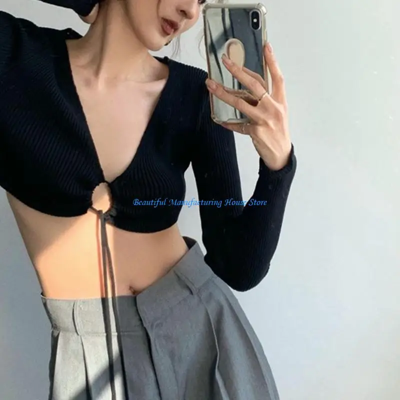 

E56A Women's Knitted Open Front Cardigan Fashion Front Tie Up Crop Top Shirt Long Sleeve V Neck Tieback Short Coat Top Gifts