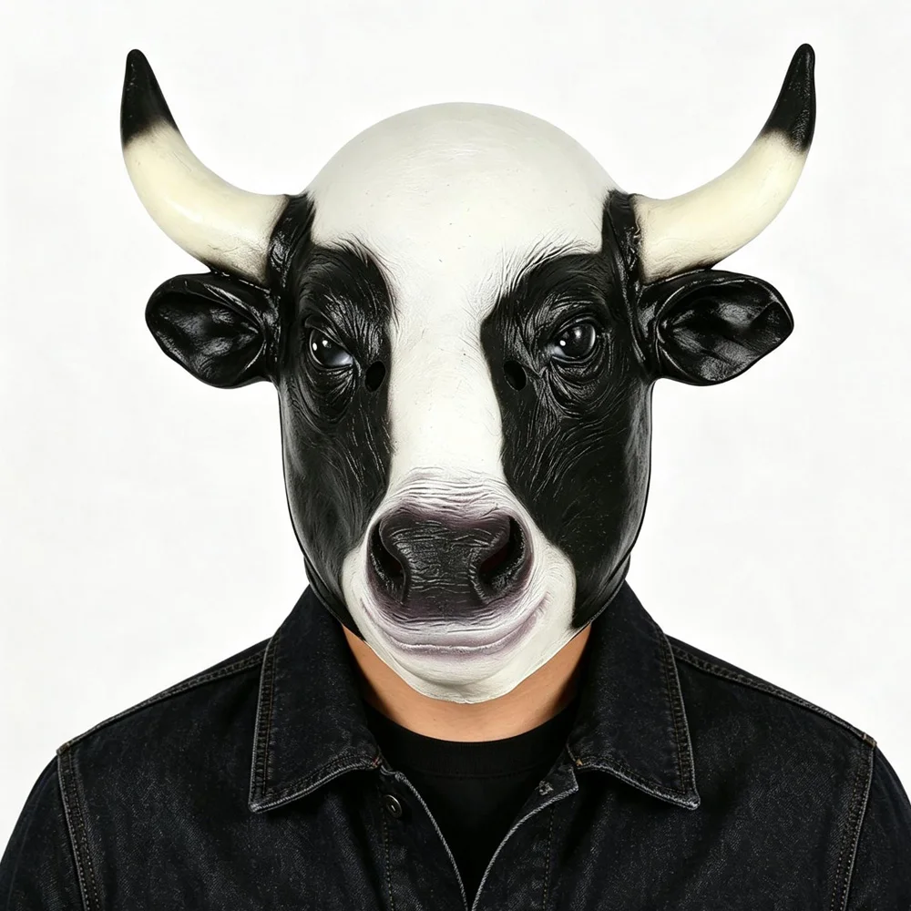 Funny Animal Cow Full Head Latex Mask Cosplay Realistic Dairy Cow Latex Helmet Halloween Carnival Dress Up Party Costume Props 2