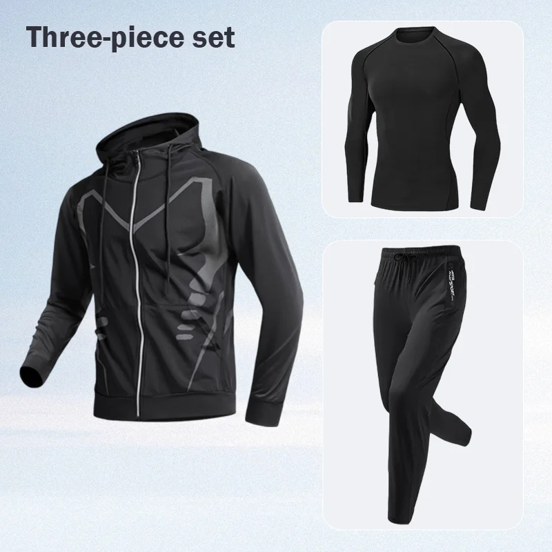 

Мужской спортивный костюм для бега, комплект из трех предметов, одежда для спортзала, весна-лето, быстросохнущая, для утренних пробежек, тренировок, велоспорта