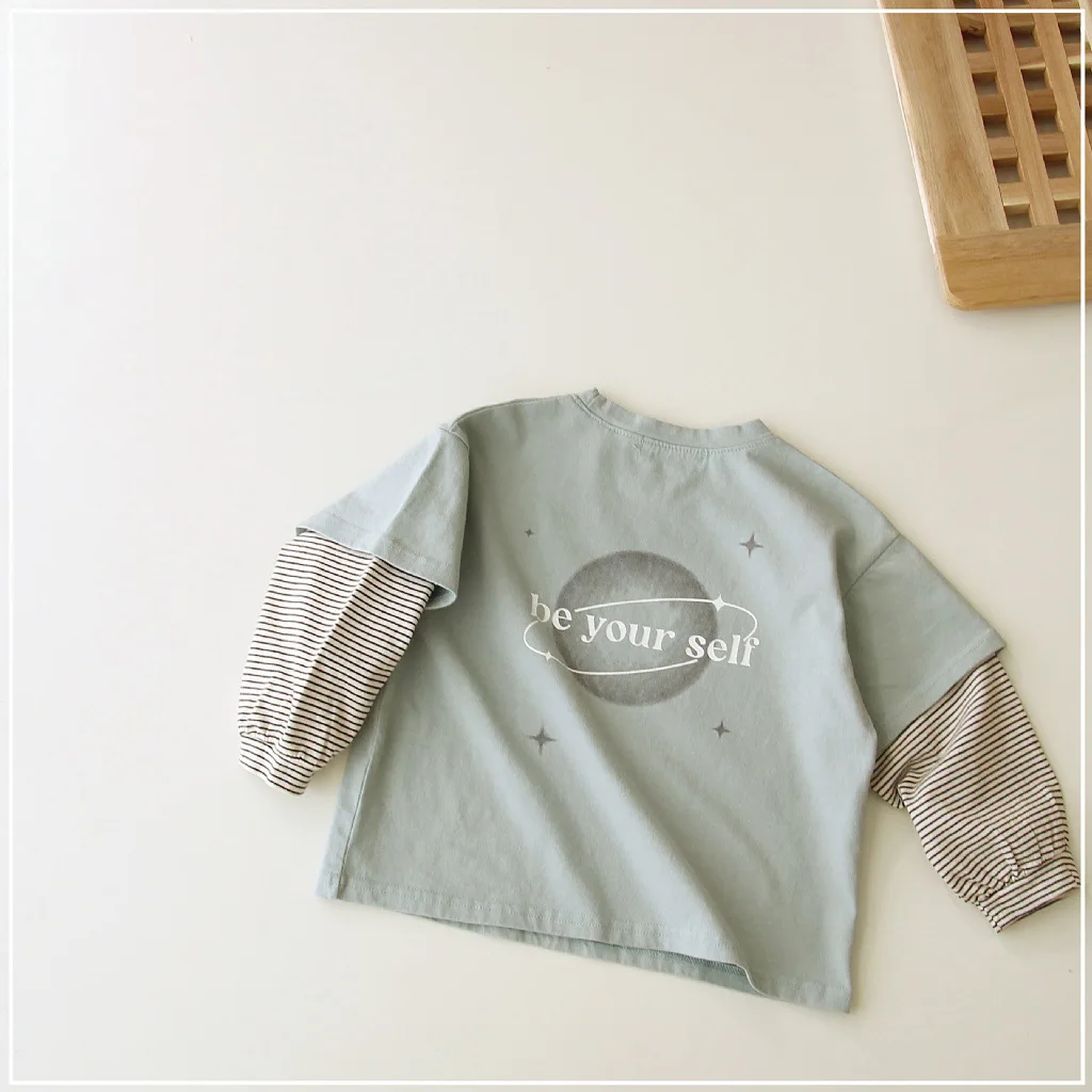 2024 Spring New Children Long Sleeve Cotton T Shirt Baby Boy Girl Letter Print Fake 2pcs Tees Kids Toddler Casual Versatile Tops