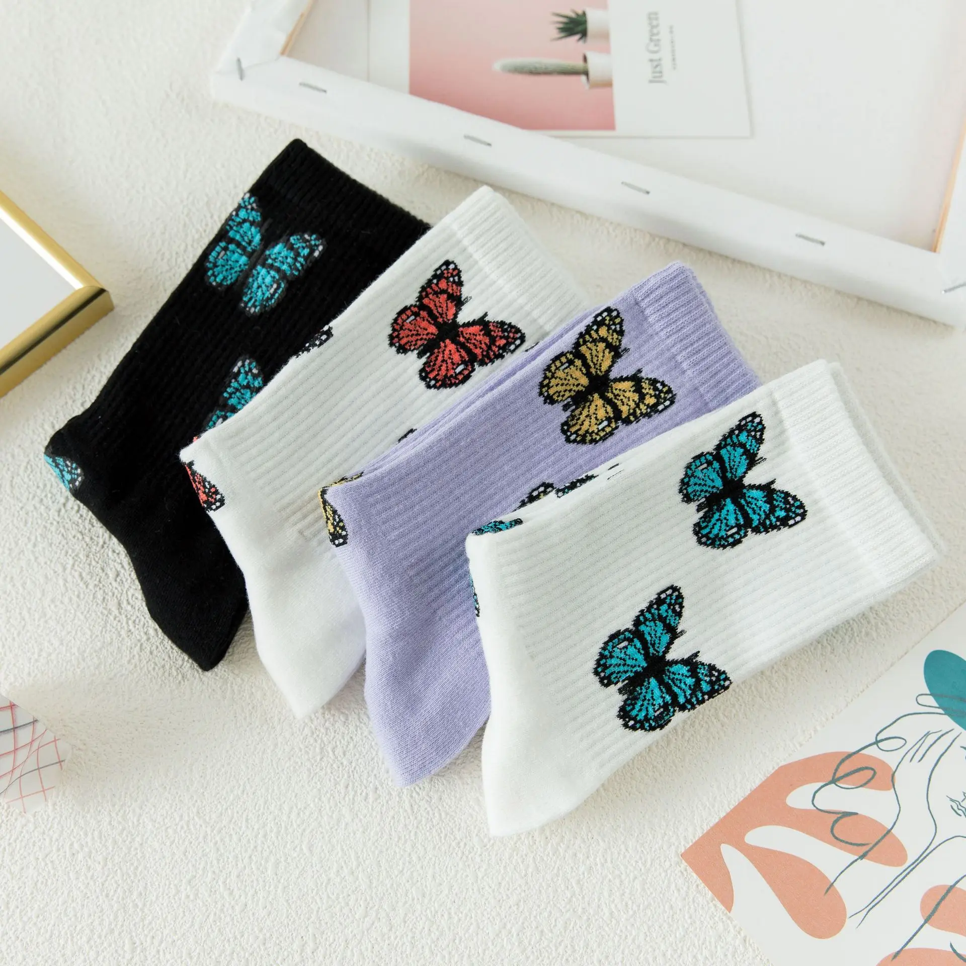 4 pairs lot pack women socks colorful butterfly ins korean style fashion tide trend cute lovely Japanese style cotton socks