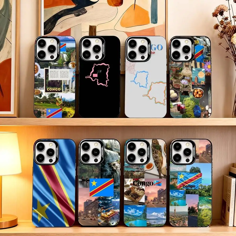 

Democratic R-Republic Congo Flag Phone Case For iPhone 17,16,15,14,13,12,11 Plus,Pro Max,XS,Colorful Silver Black Cover
