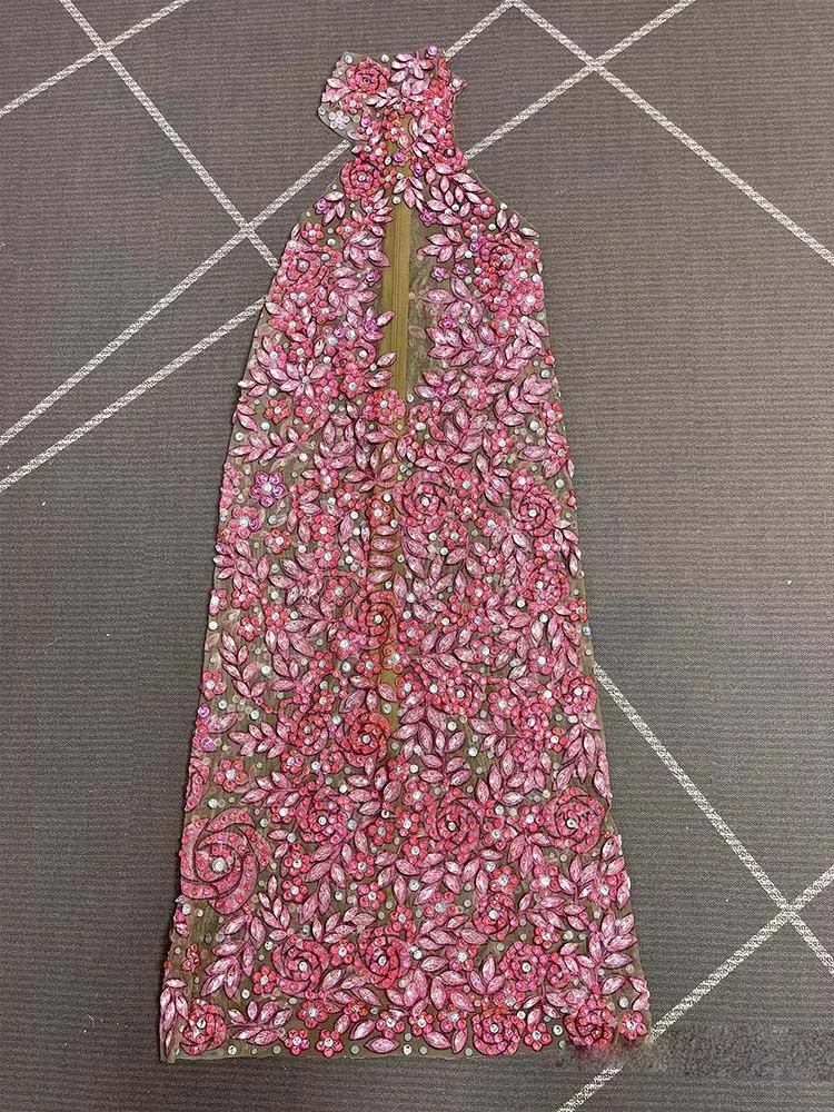 Vestido de malla elástica colgante con cuello Sexy estampado en caliente de alta calidad 2025, nueva moda, ropa personalizada para mujer