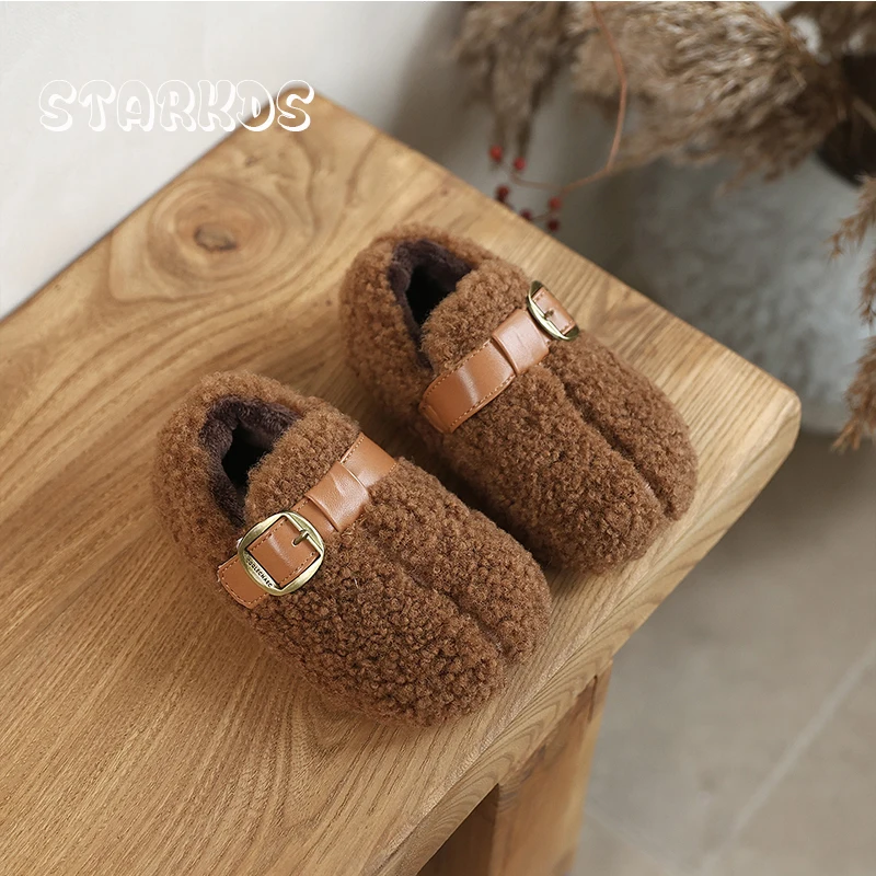 تابي تصميم امبسوول الصوف أحذية طفل فتاة الدافئة تيدي الفراء القهوة الفول نمط المتسكعون الطفل مشبك معدني حزام أفخم الباليه الشقق #4