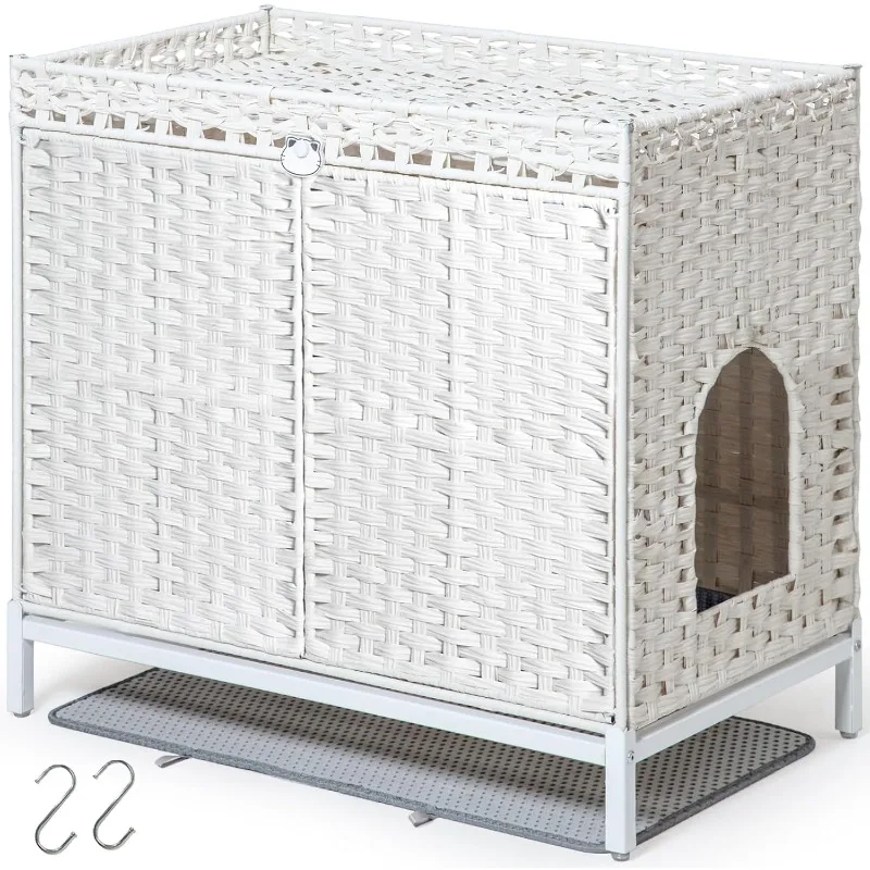 

Cat Litter Box Enclosure Furniture, Hidden Handwoven Rattan Litter Box with Mat, Large Cat House with Metal Heightened Feet