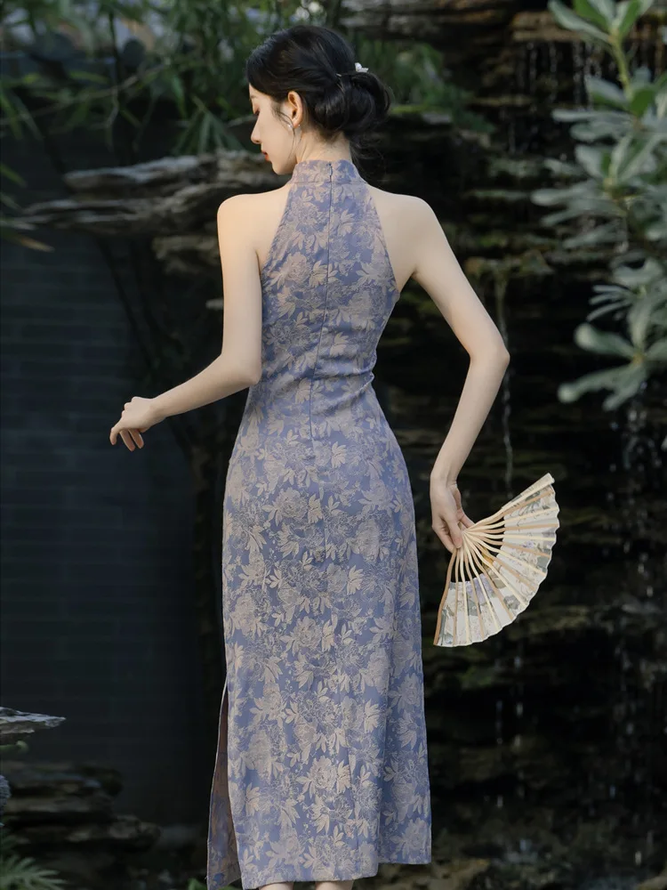 Purple Print Cheongsams Sexy Sleeveless Qipao New Chinese Style Dress Female Spring Summer Vestidos Elegant Qipaos Costume