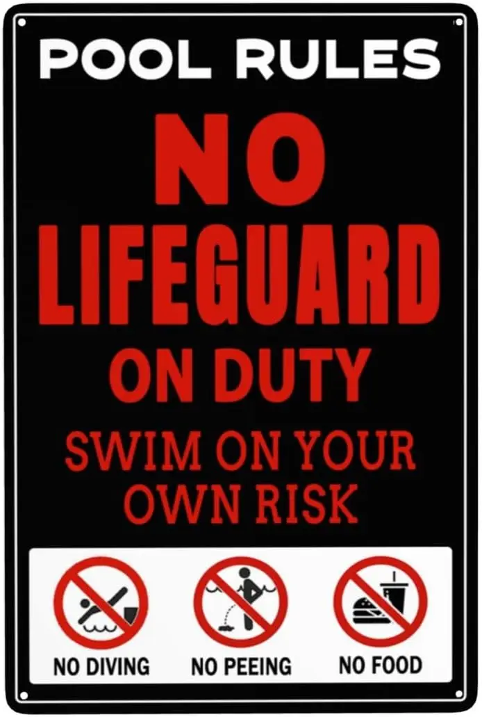 Pool Rules Signs Outdoor,No Lifeguard On Duty Swim On Your Own Risk,Metal Swimming Pool Warning Sign for Swimming Pool Wate sign