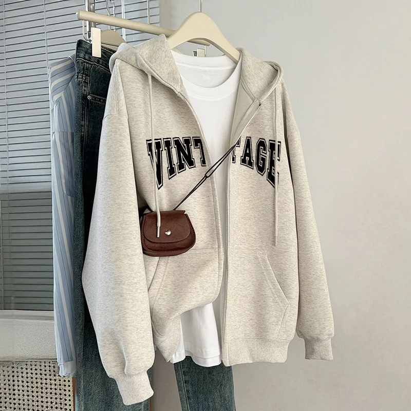 

Женская флисовая толстовка-кардиган оверсайз с длинным рукавом, свободного кроя, в спортивном и повседневном стиле, корейская версия, осень-зима, хлопок/полиэстер