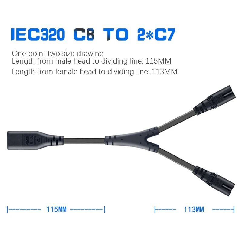 Cable de alimentación de CA dividido IEC320 C8 a 2X C7 Y, IEC figura 8 macho a 2 hembra 1 en 2 Out